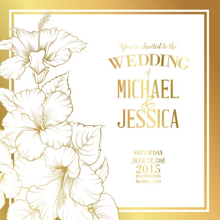 Golden card with wedding invitation text and bouquet of hibiscus flowers. Vector illustration.のイラスト素材