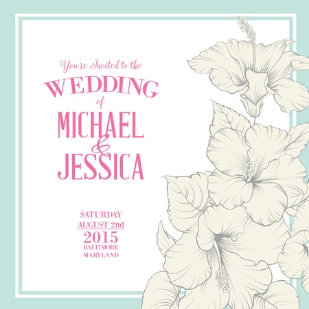 Wedding invitation template with names Michael and Jessica with exotic flowers. Vector illustration.のイラスト素材