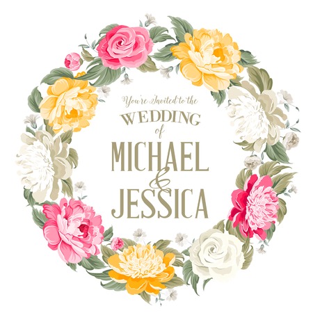 Invitation card with floral whreath and template text. Vector illustration.のイラスト素材
