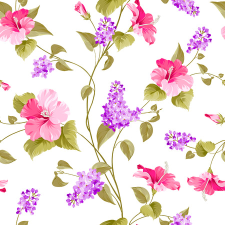 Seamless pattern of siringa and hibiscus flowers for fabric samples. Vector illustration.のイラスト素材