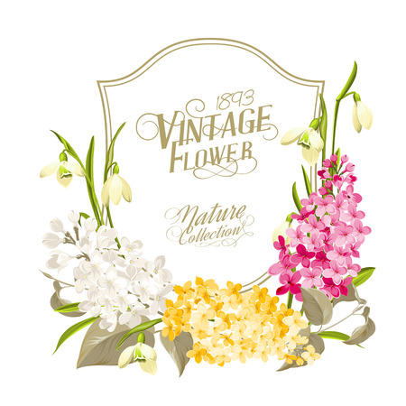 Vintage frame Delicate bouquet of lilacs and snowdropsのイラスト素材