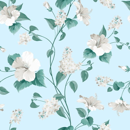 Seamless pattern of siringa and hibiscus flowers for fabric pattern. Vector illustration.のイラスト素材