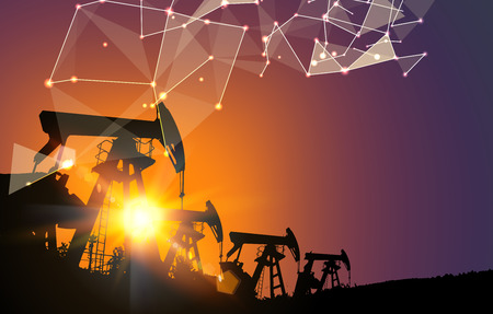 Oil pump industrial machine for petroleum over futuristic polygonal background. Vector illustration.のイラスト素材