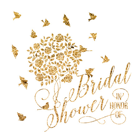 Bridal shower card of golden blooming rose bush. Vector illustration.のイラスト素材