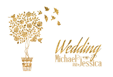 Bridal shower card of golden blooming rose bush. Vector illustration.のイラスト素材