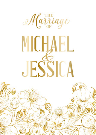 Marriage card template with calligraphic text and place for your names isolated with tropical flowers. Vector illustration.のイラスト素材