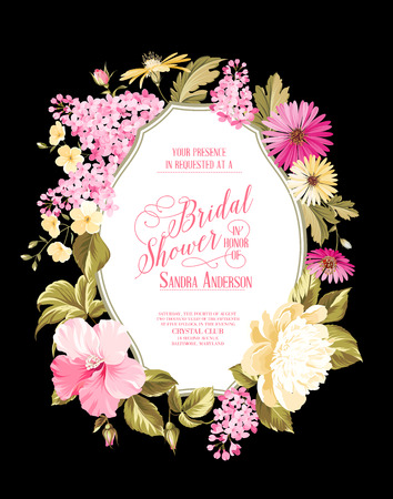 Bridal shower invitation card with calligraphic text, vintage floral invitation for spring or summer bridal shower. Vector illustration.のイラスト素材