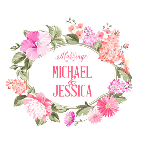 Marriage invitation card with custom text, vintage floral invitation for spring or summer party. Vector illustration.のイラスト素材