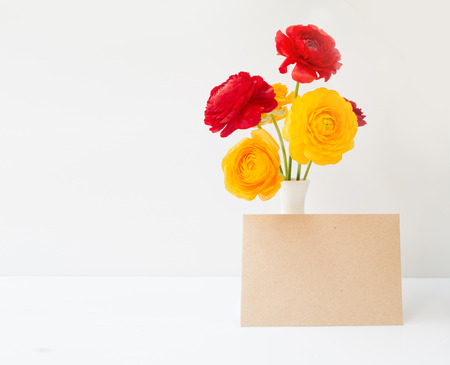 Buttercup red and yellow flowers in vase over white background.の写真素材