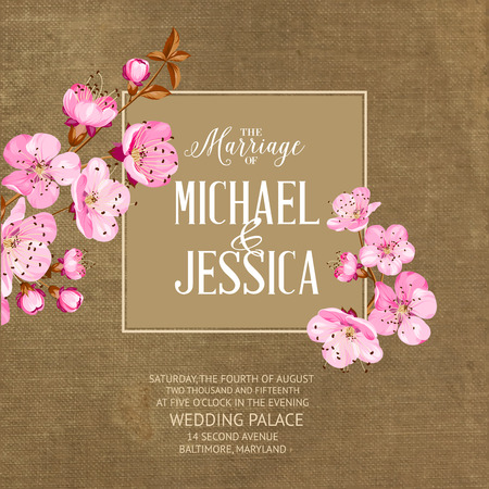 Marriage card with romantic flowers on brown fabric. Vector illustration.のイラスト素材