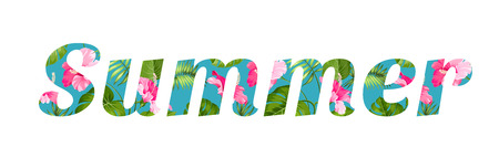 Tropical flowers and text Summer. Vector illustration.