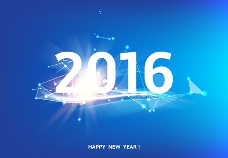Happy new year card over blue background with white polygonal lines. Vector illustration.