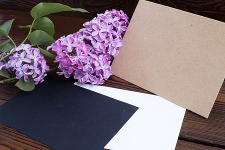 Syringa flowers with empty color paper on wooden table.の写真素材