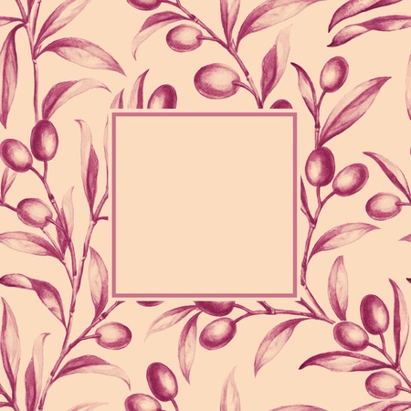 Seamless olive bunch fabric background. Old style sepia background. Watercolor illustration.の写真素材