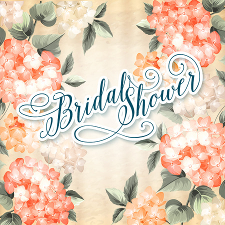 Invitation card template with blooming hydrangea and text group Bridal Shower over them. Orange colored composition. Vector illustration.のイラスト素材