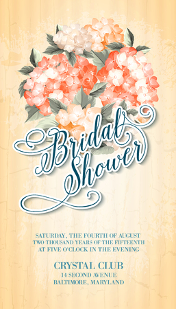 Invitation card template with blooming hydrangea and text group Bridal Shower over them. Orange colored composition. Vector illustration.のイラスト素材