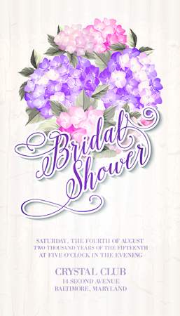 Invitation card template with blooming hydrangea and text group Bridal Shower over them. Vector illustration.のイラスト素材