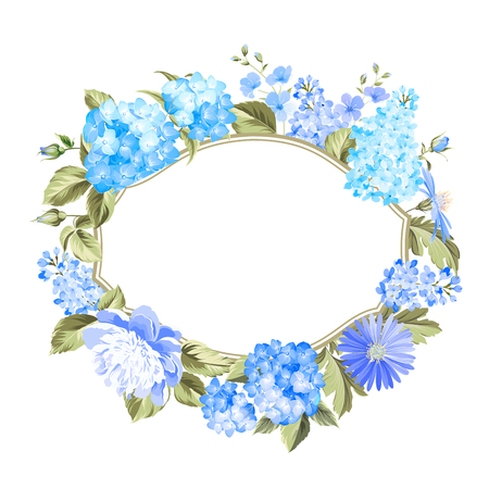 Invitation card with blue wreath. Floral garland with blooming hydrangea and place for text. Blue colored composition. Vector illustration.のイラスト素材