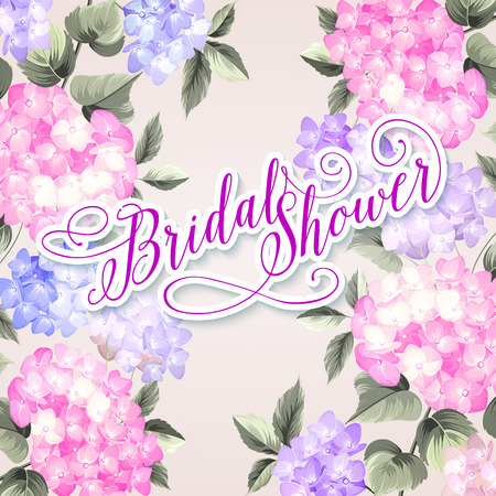Invitation card template with violet blooming hydrangea and text group Bridal Shower over them. Vector illustration.のイラスト素材