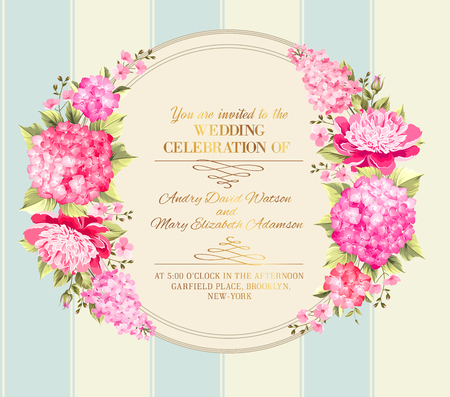 Wedding invitation card with pink flowers. Vintage wedding invitation card template with boy and girl names and flower garland. Vector illustration.のイラスト素材