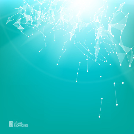 White smooth lines over blue background with polygonal network element. Abstraction for science presentations. Wireframe mesh polygonal element. Abstract futuristic background. Vector illustration.のイラスト素材