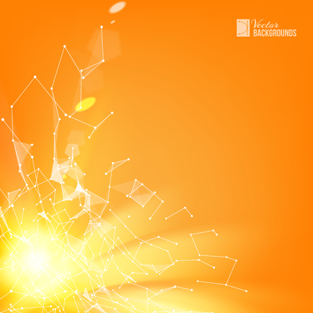 Yellow smooth lines over orange background with polygonal network element. Abstraction for science. Wireframe mesh polygonal element. Abstract futuristic background. Vector illustration.のイラスト素材