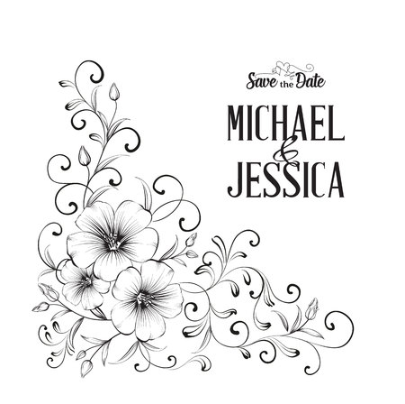 Chrysanthemum garland composition. Cherry blossom branch. Black flowers of sakura isolated over white. Flower contours. Vector illustration.のイラスト素材