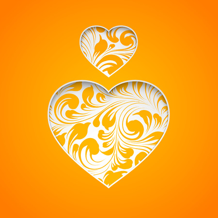 Orange heart set, the simbol of love. Heart shape with orange floral texture inside and bright background. Vector illustration.のイラスト素材