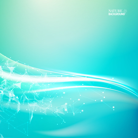 Wavy abstract blue background for your design. Abstraction for science. Blue background with polygonal network element and sun light. Vector illustration.のイラスト素材