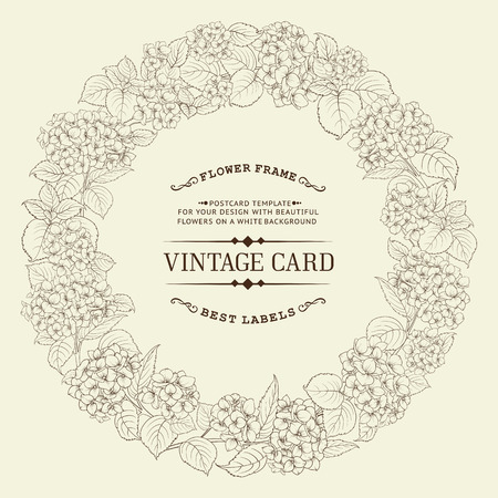 Hydrangea garland over white background with custom text. White card background. Vector illustrationのイラスト素材