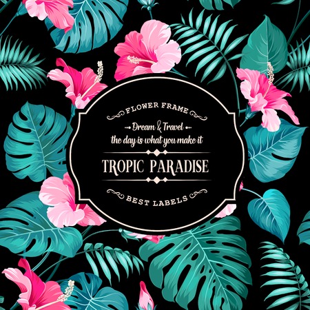Tropical flower label with black background. Blossom flowers for the nature background. Black background. Vector illustration.のイラスト素材