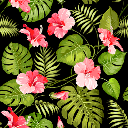 Seamless pattern of Tropical flowers. Tropical flower. Seamless pattern. Blossom flowers. Nature background. Vector illustration.のイラスト素材