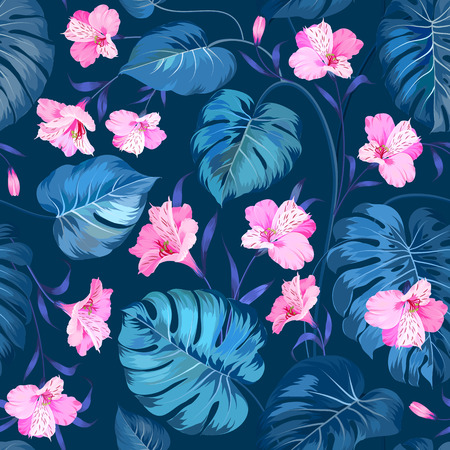 Beautiful alstroemeria on seamless background. Topical palm leaves on seamless pattern. Topical palm leaves and beautiful alstroemeria on seamless background. Vector illustration.のイラスト素材