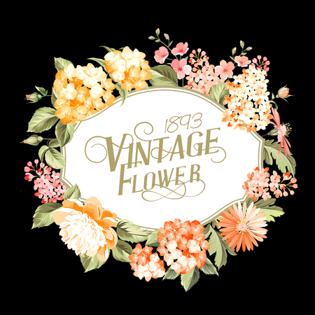 Wedding invitation card of color flowers. Black background. Vector illustration.のイラスト素材