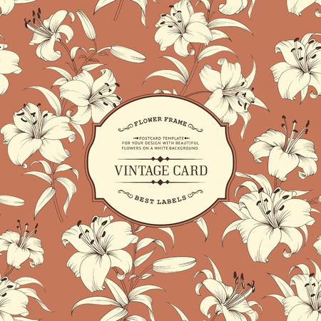 Design for your invitation card. Lily flowers. Theme for invitation card. Lily texture illustration in style of engraving. Vintage card template for your holiday. Vector illustration.のイラスト素材