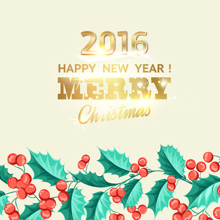 Christmas mistletoe holiday card with text. Happy new year 2016. Christmas flower frame. Gold text tyography. Vector illustration.のイラスト素材