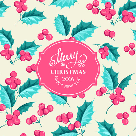 Christmas mistletoe holiday card with text. Happy new year 2016.  Christmas flower frame. Greeting elegant card with Christmas decoration of mistletoe leaves and text frame. Vector illustration.のイラスト素材