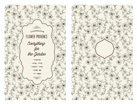 Lable card with flower pattern on white background. Floral theme for book cover. Flower texture illustration in style of engraving. Vector illustration.のイラスト素材