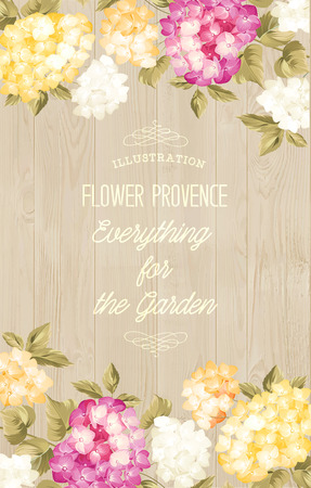 Beautiful purple flower of hydrangea. Wedding Card and engagement announcement.  Invitation card template with orange blooming hydrangea over gray background. Vector illustration.のイラスト素材