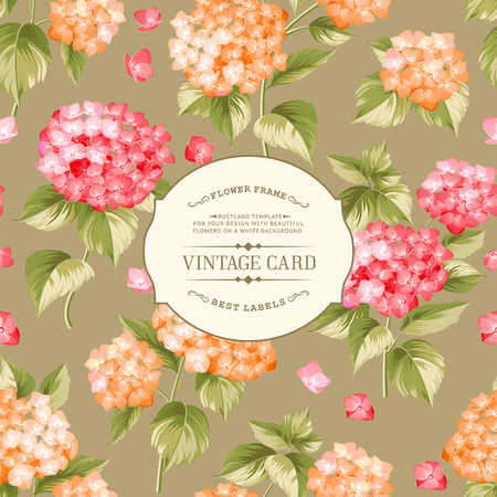 Vintage floral label. Elegant book cover  with orange flowers. Pattern of hydrangea flowers.Vector illustration.のイラスト素材