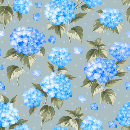 Flower pattern of blue hydrangea flowers over gray background. Seamless texture. Blue flowers. Vector illustration.のイラスト素材