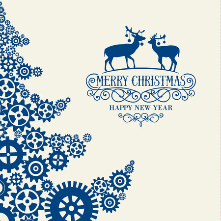 Fir tree of wheels colored blue over gray background. Contour of blue raindeers over merry christmas sign.のイラスト素材