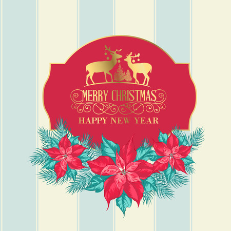 Christmas holiday card drawing with deers contour and holiday text. Christmas mistletoe branch frame drawing with holiday text.のイラスト素材