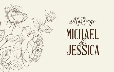 Frame of roses isolated on white. Wedding invitation card of ink flowers. のイラスト素材