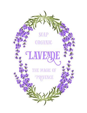 The lavender elegant card with frame of flowers and text. Lavender garland for your text presentation. Label of soap package. Label with lavender flowers. のイラスト素材