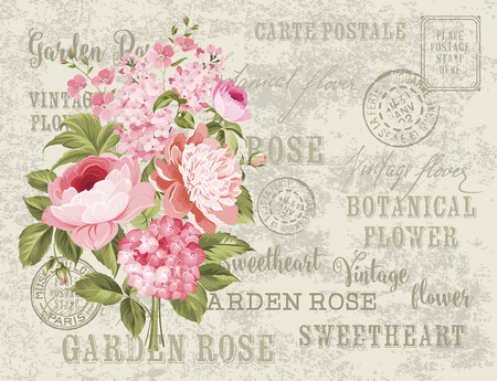 Flower garland for invitation card. Card template with blooming flowers and custom text. Vintage postcard background vector template for wedding invitation. のイラスト素材