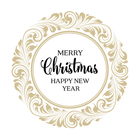Christmas design with swirls and calligraphic text isolated over white. Merry Christmas greeting card. Vector illustration.のイラスト素材