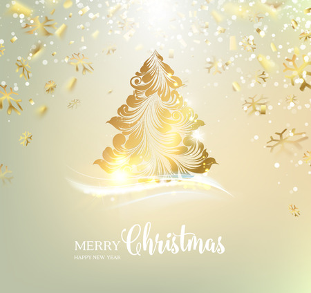 Christmas tree with sparks and confetti isolated over gray. Merry Christmas greeting card. Vector illustration.のイラスト素材