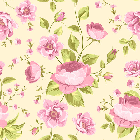 Luxurious peony wallapaper in vintage style. Floral seamless pattern with blossom buds over linear gray background.  Vector illustration.のイラスト素材