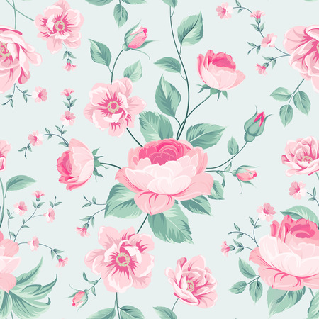 Luxurious peony wallapaper in vintage style. Floral seamless pattern with blossom buds over linear gray background.  Vector illustration.のイラスト素材